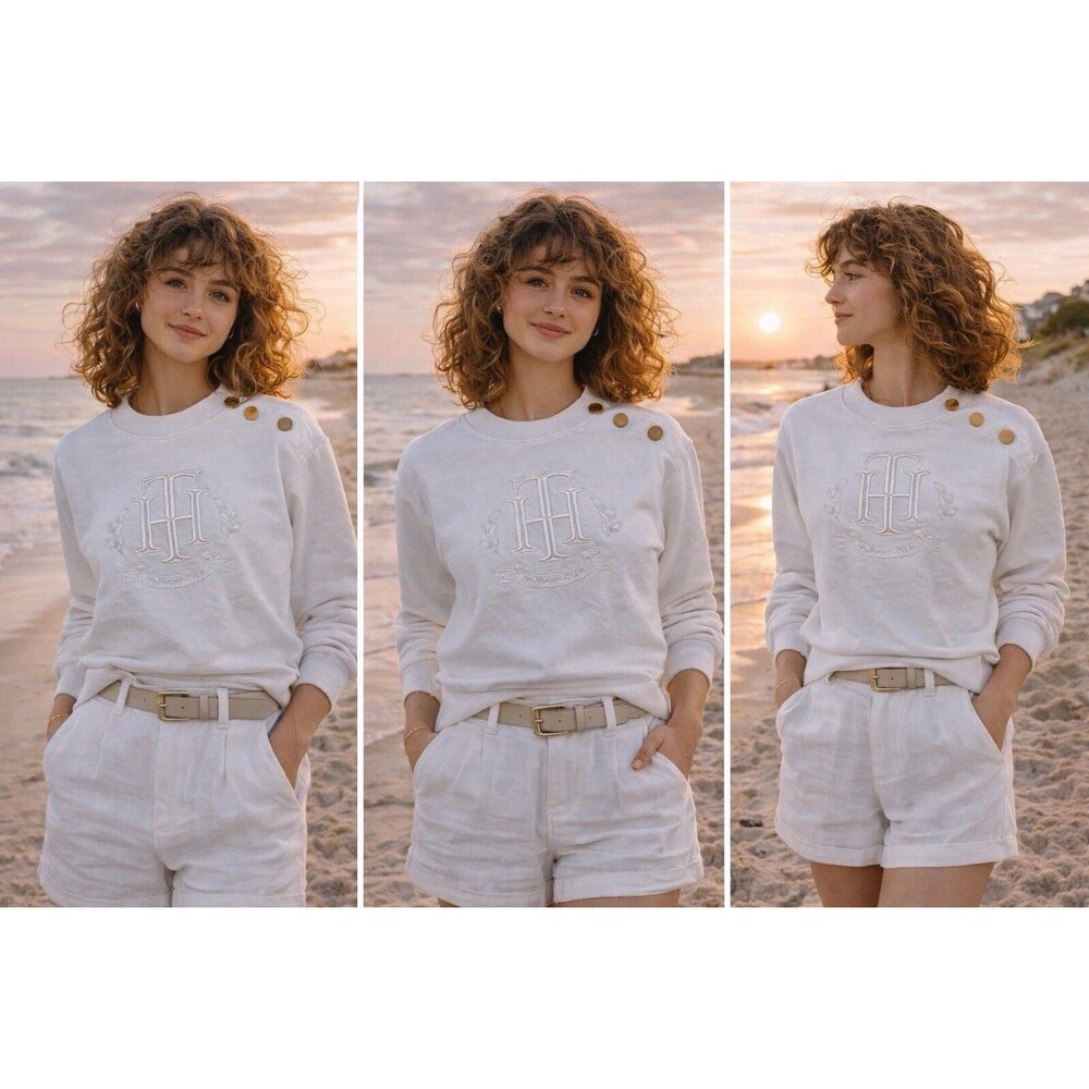 Vintage Tommy Hilfiger White Cropped Sweatshirt Crest Logo Gold Button Shoulder